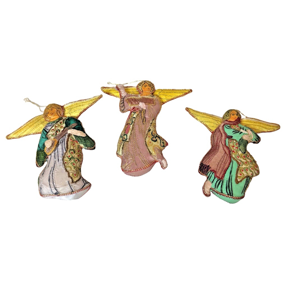 Vintage Colorful Angel Christmas Ornaments Embroidered 3D - Set of 3